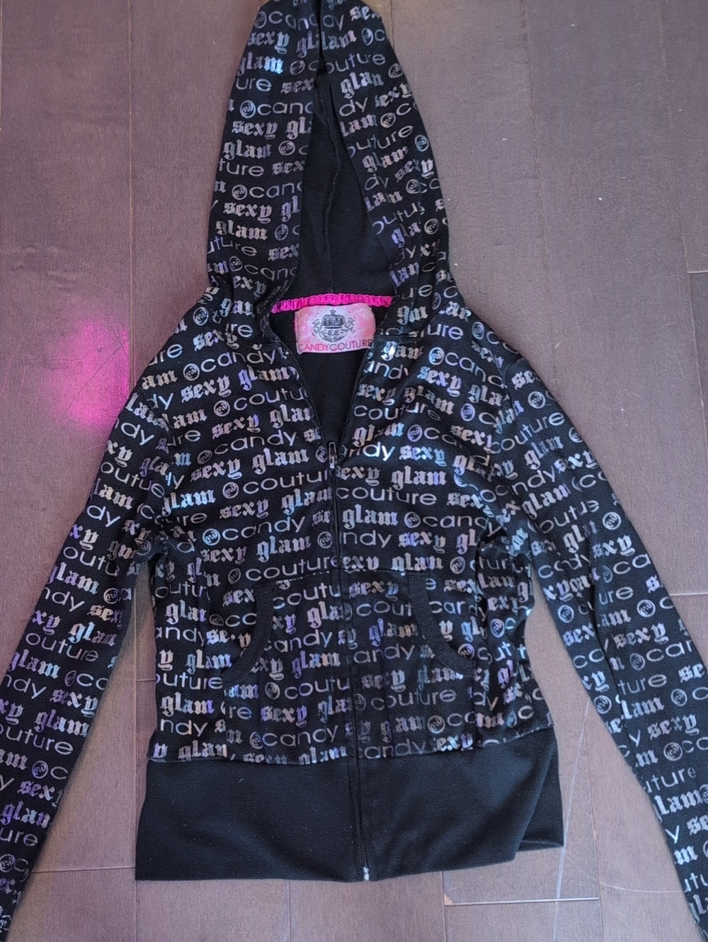 Juicy Couture Black Logo-Print Hooded Crew Sweater with Iridescent Print